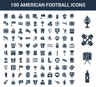 100 American Football universal icons set with Bottle of Water, Strategy, Barbell, Cup, Position, Foam Finger, Whistle, Lockers, Trainer, Jersey