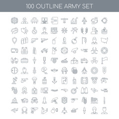 100 army outline icons set such as Explosion linear, Soldier Mis