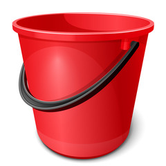 Red plastic empty bucket with black handle. Tank for storage and transfer of water, for cleaning and washing surfaces, cars. Isolated on white background. EPS10 vector illustration.
