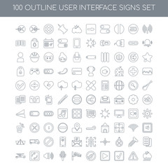 Fototapeta na wymiar 100 user interface signs outline icons set such as Wifi, Exclama