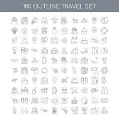 100 travel outline icons set such as Booking linear, Mountains I