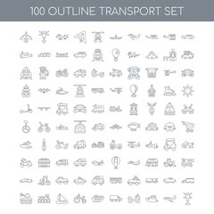 100 Transport outline icons set such as Car linear, Aeroplane Bo