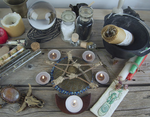 Magical instruments and ingredients on the table