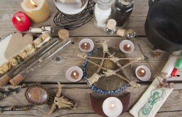 Magical instruments and ingredients on the table