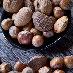Mixed nuts in shells on the natural background: hazelnut, walnut, Brazil nut and almond.
