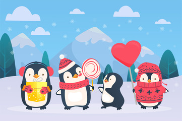 christmas penguins on snowy background