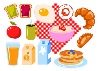 Breakfast clip art vector cartoon set isolated on white.