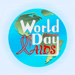 Vector illustration of handwritten inscription World AIDS Day, on a textured background for banner, postcard, logo, print with a syringe and ribbon awareness symbol.