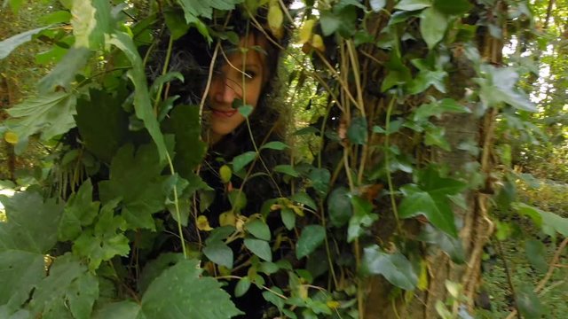 Woman Hiding In Bushes At Forest 4k