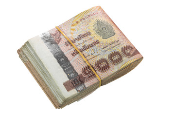 Thai baht banknote. Business and Finance concept. Bulk of banknote on white background.
