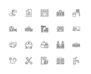 Collection of 20 Real estate linear icons such as Deal, Faucet,