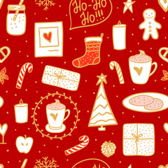 Cozy hand drawn style seamless pattern. Hot Milk cocoa and cookies for Santa. Vector Merry Christmas concept for greeting card and wrapping paper.