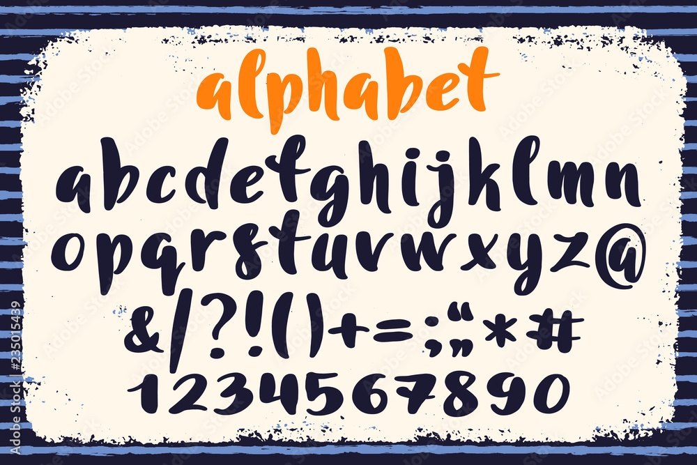 Poster hand drawn alphabet, marks and numbers. handwritten lettering in brush style. modern script in vecto