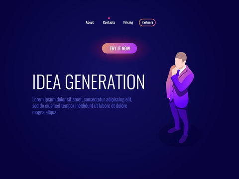 Man Brooding Isometric Icon, Male Thinking, Generating Ideas, Entrepreneur, Businessman, Brainstorm Dark Neon Vector