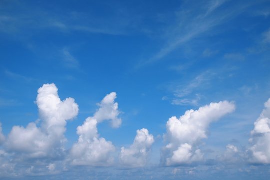 Full frame background of white fluffy cumulus congestus clouds with clear blue sky 