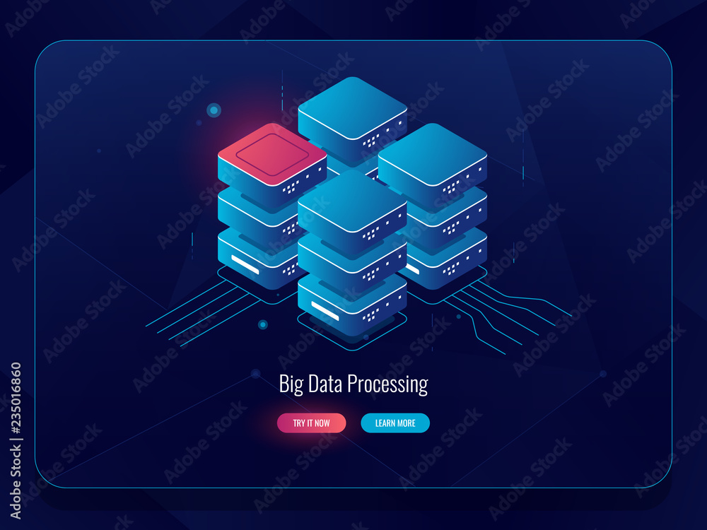 Poster server room, cloud storage big data processing isometric icon, futuristic digital solutions, abstrac
