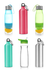 Set with different sport bottles on white background