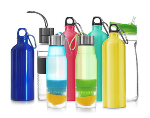 Set with different sport bottles on white background