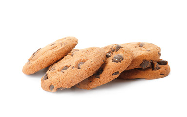 Pile of tasty chocolate chip cookies on white background