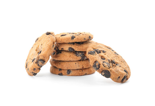 Stack of tasty chocolate chip cookies on white background