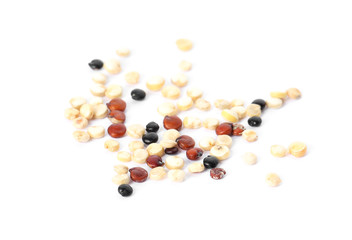 Mixed raw quinoa seeds on white background
