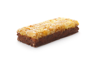 Tasty protein bar on white background. Healthy snack