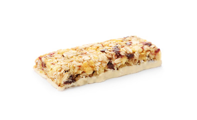 Tasty protein bar on white background. Healthy snack