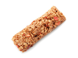 Tasty protein bar on white background, top view