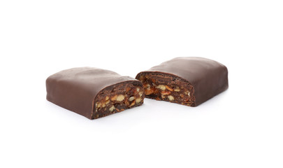 Tasty glazed protein bar on white background