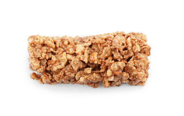 Tasty protein bar on white background, top view