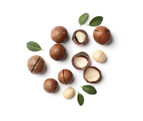  Composition with organic Macadamia nuts on white background, top view © New Africa