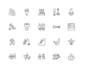 Collection of 20 hobbies linear icons such as Trekking, Baking,
