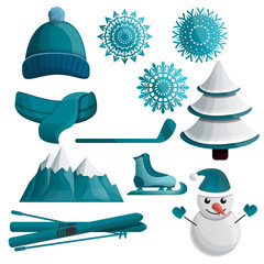 set of cartoon icons on the theme of winter, vector illustration
