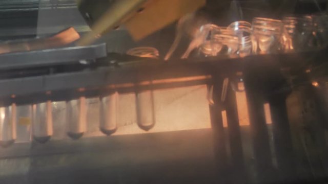 Plastic preform bottles move through the machine for blowing