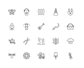 Fototapeta premium Collection of 20 Gardening linear icons such as Wheelbarrow, Ger