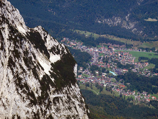 Fototapeta na wymiar Beautiful Bavarian Village Garmisch-Partenkirchen from Mount Alpspitze, Bavarian Alps, Germany.