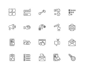 Collection of 20 feedback linear icons such as Like, Search, Fee