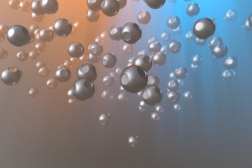 Abstract steel metal spheres flying in the space 3d rendering. Futuristic concept background in foggy space. Sci-fi shape and concept filled bright volume godrays light