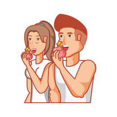 young athletic couple eating apple