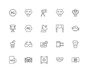Collection of 20 Cinema linear icons such as 3D, Small Carnival
