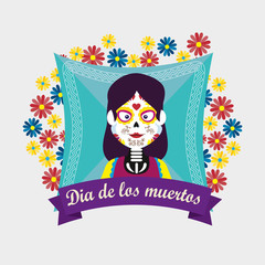 catrina with flowers and ribbon to day of the dead