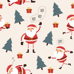 Seamless pattern of Santa Claus and Christmas trees.