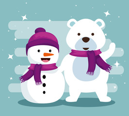 snowman and snow bear with scarf to christmas