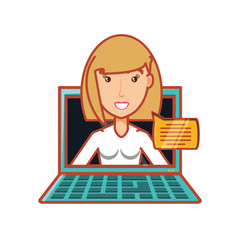 young woman with laptop and speech bubble