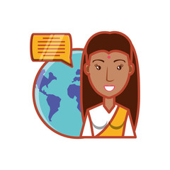 woman indian and planet earth with speech bubble