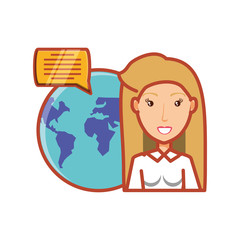 woman and planet earth with speech bubble