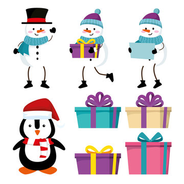 set snowmen with penguin and gifts to christmas event