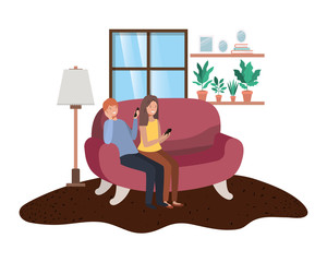 couple using smartphone in the livingroom