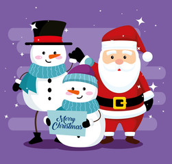 snowmen wearing hat with scarf and santa claus