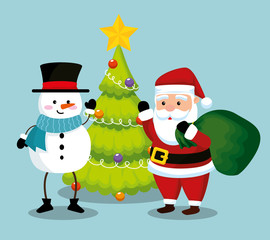 santa claus with snowman and pine tree